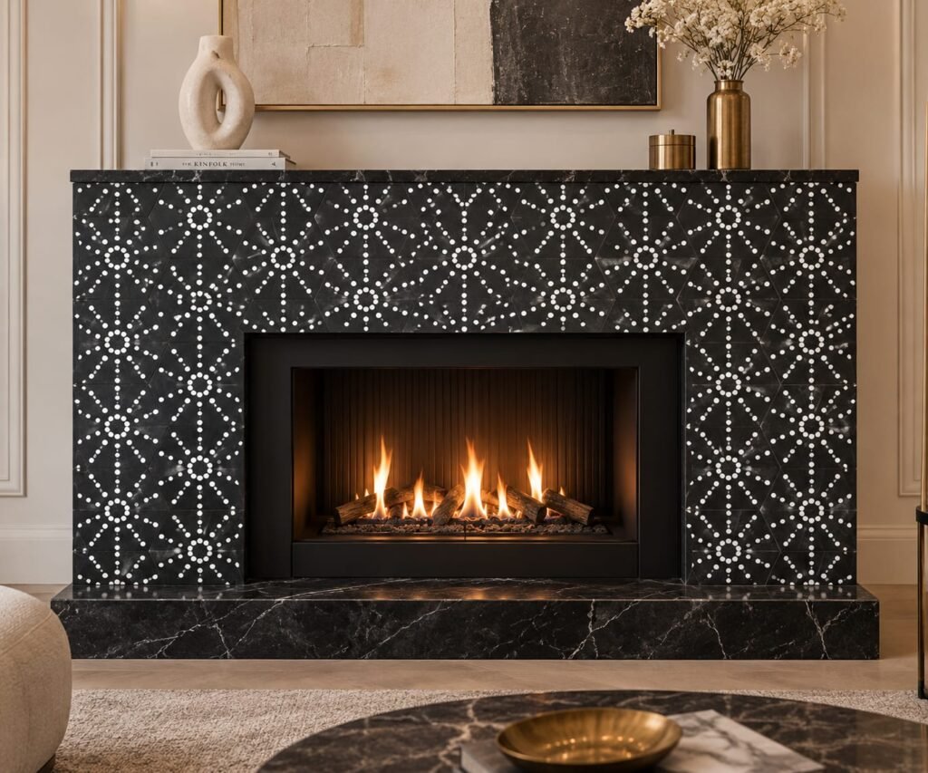 Fireplace Mantle in Green Marble and White Mother Of Pearl