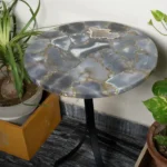 stone plus india grey agate table with 3 legged metal base