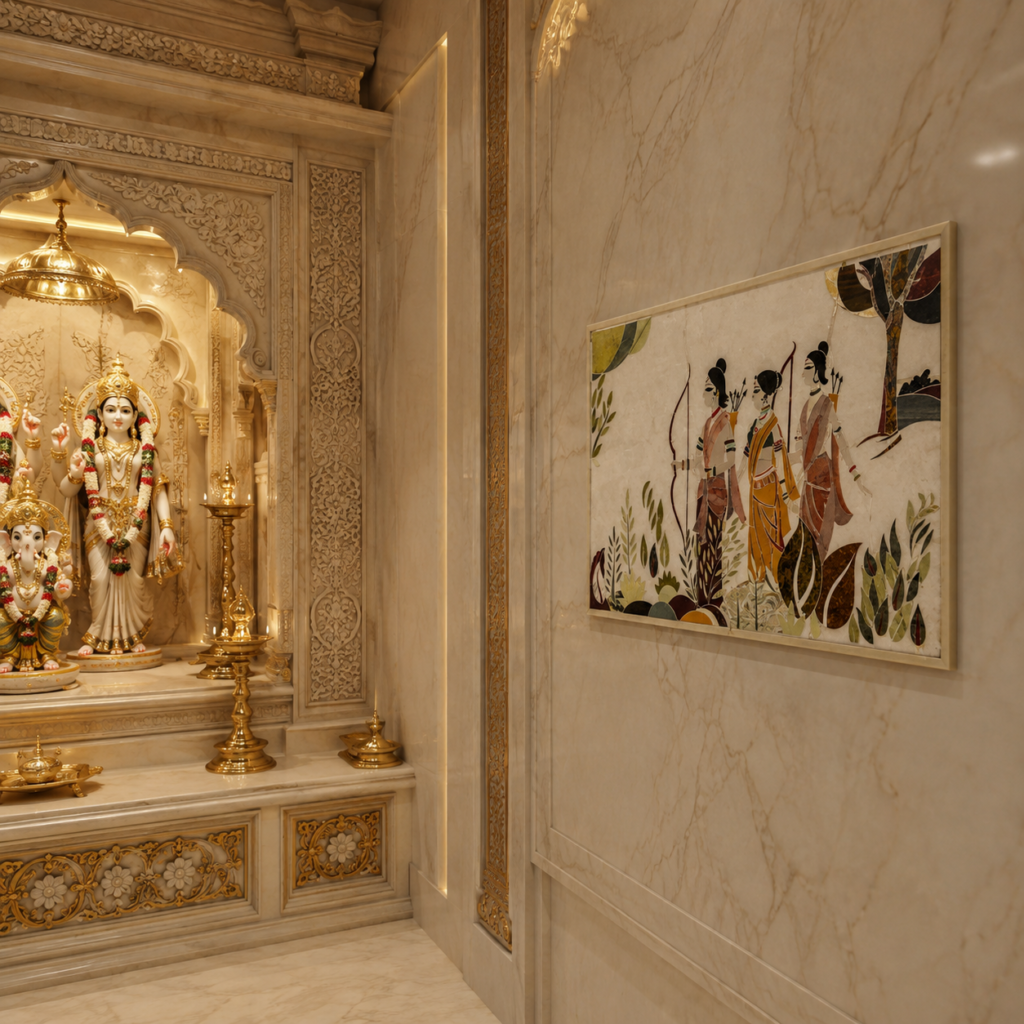 The Vanvas - Ram Sita Lakshman vanvas scene in pietra dura marble inlay mural on mandir wall - Stone plus india