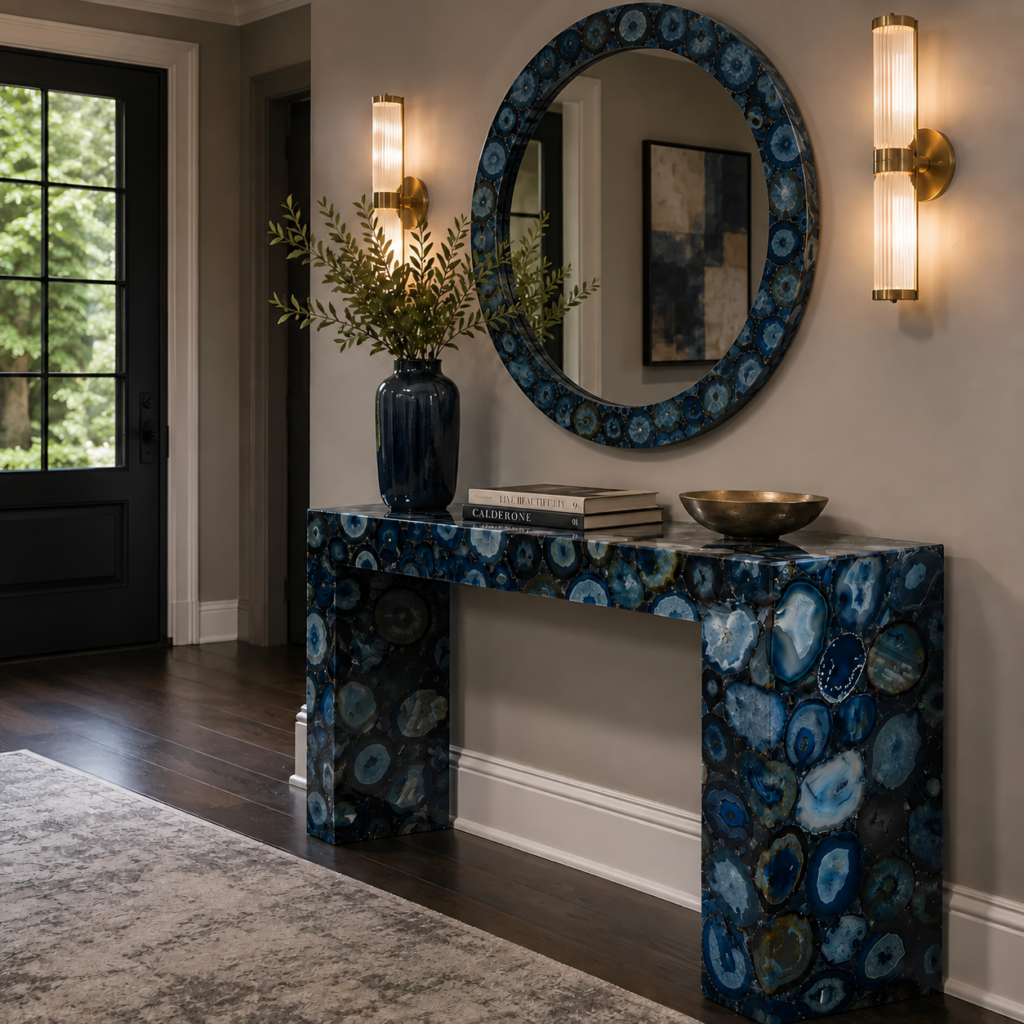 stone plus india blue agate console table with matching round agate mirror