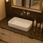 Golden and Blue Tigers Eye Herringbone Bathroom Design - View 2