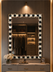 White and Black Mother of Pearl Mirror Frame