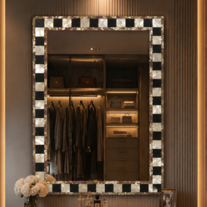 White and Black Mother of Pearl Mirror Frame