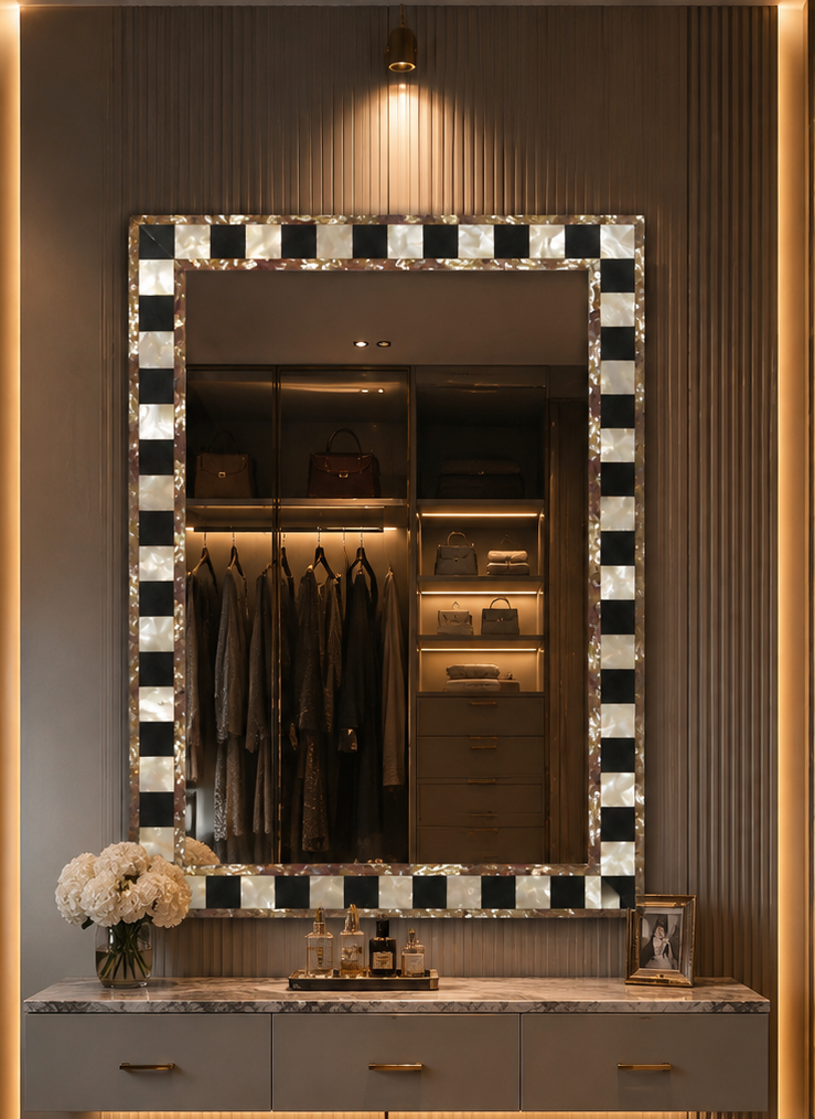 White and Black Mother of Pearl Mirror Frame