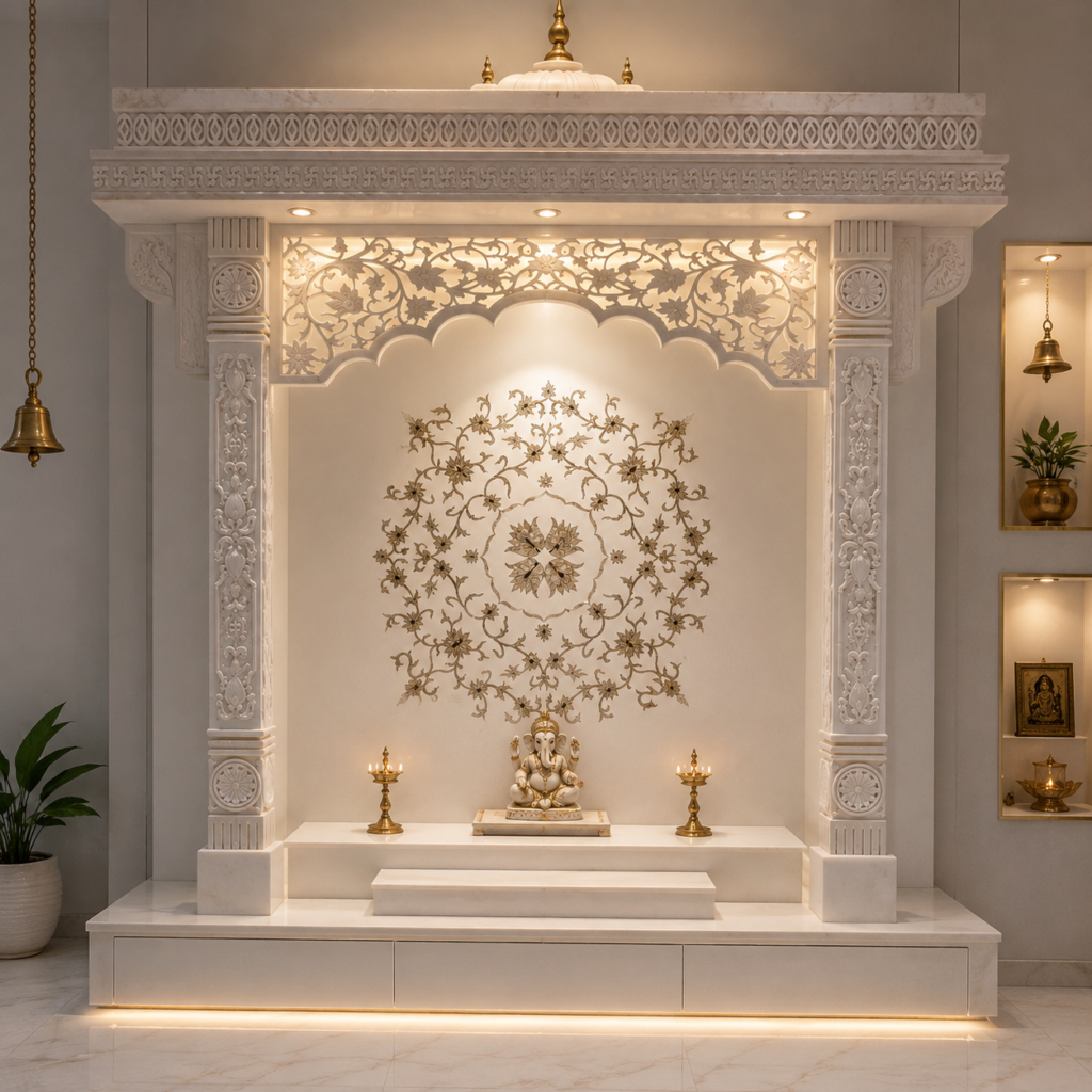 The Mandala - abalone mother of pearl celestial mandala inlay on Swiss white marble mandir with carved jali crown - Stone Plus India