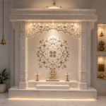 The Mandala - abalone mother of pearl celestial mandala inlay on Swiss white marble mandir with carved jali crown - Stone Plus India