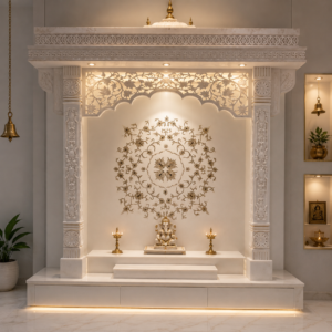 The Mandala - abalone mother of pearl celestial mandala inlay on Swiss white marble mandir with carved jali crown - Stone Plus India