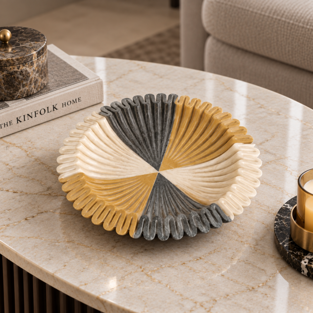 Bowl White Yellow and Black Marble Ruffle