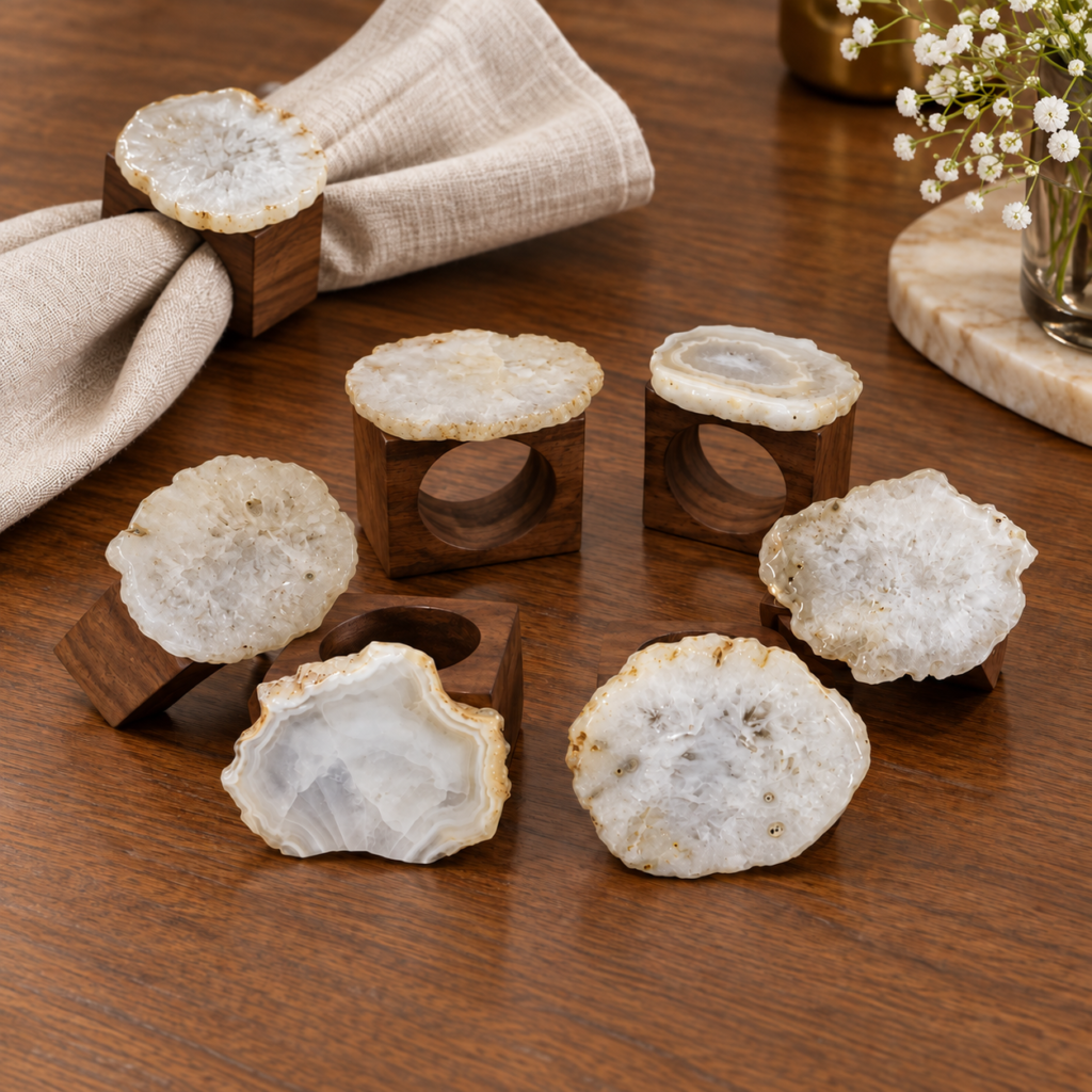 Napkin Ring Wood Base White Agate
