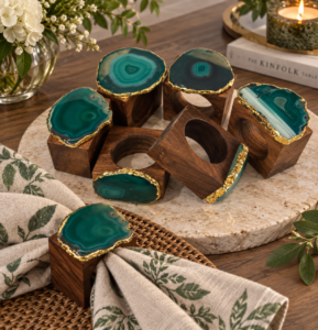 Napkin Ring Wood Base with Agate Green
