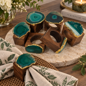 Napkin Ring Wood Base with Agate Green