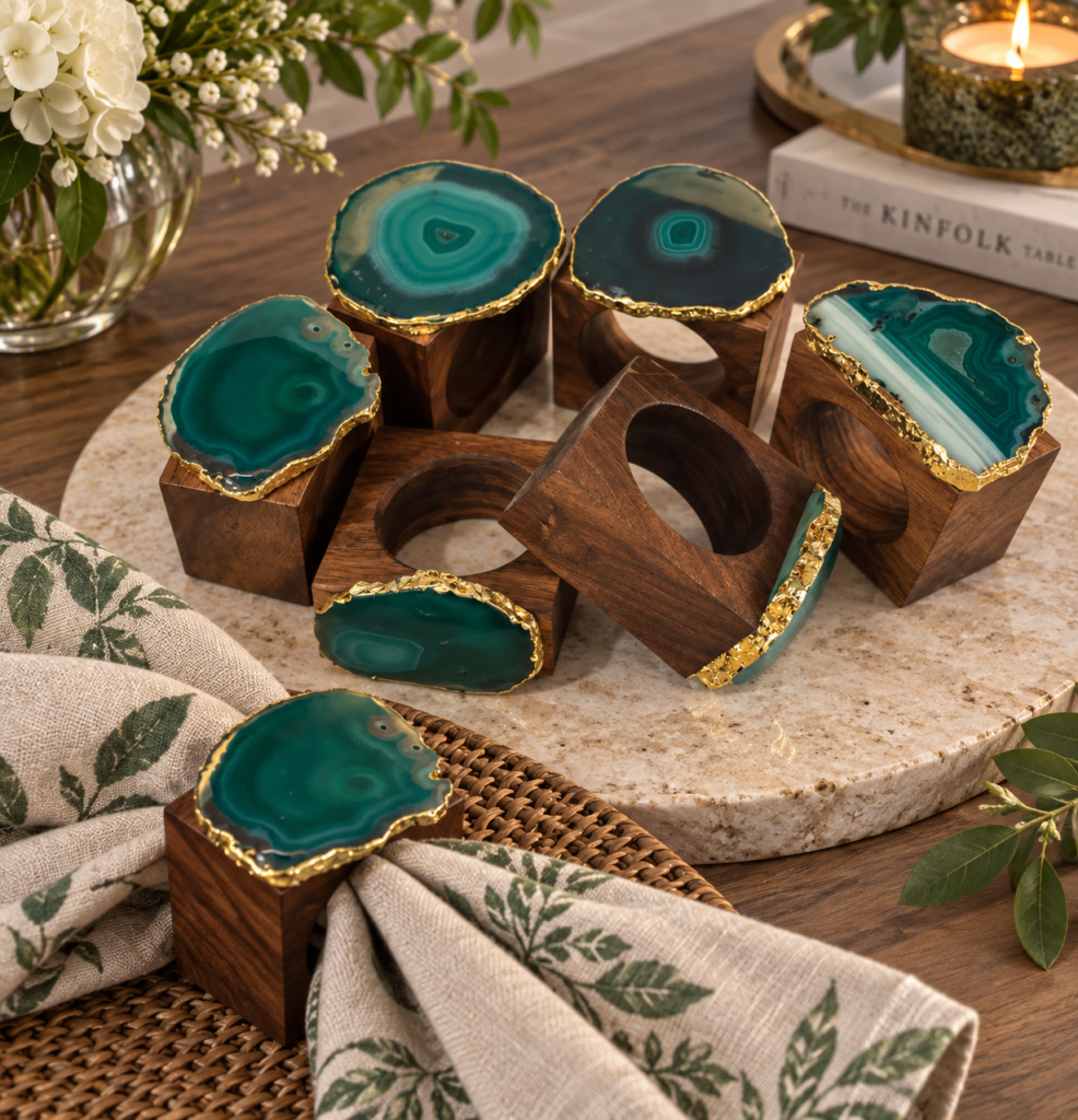 Napkin Ring Wood Base with Agate Green