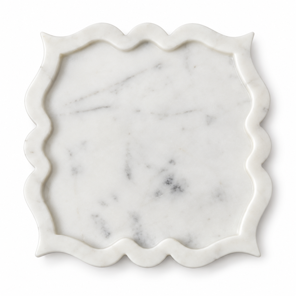 Platter White Marble Square Baroque Design