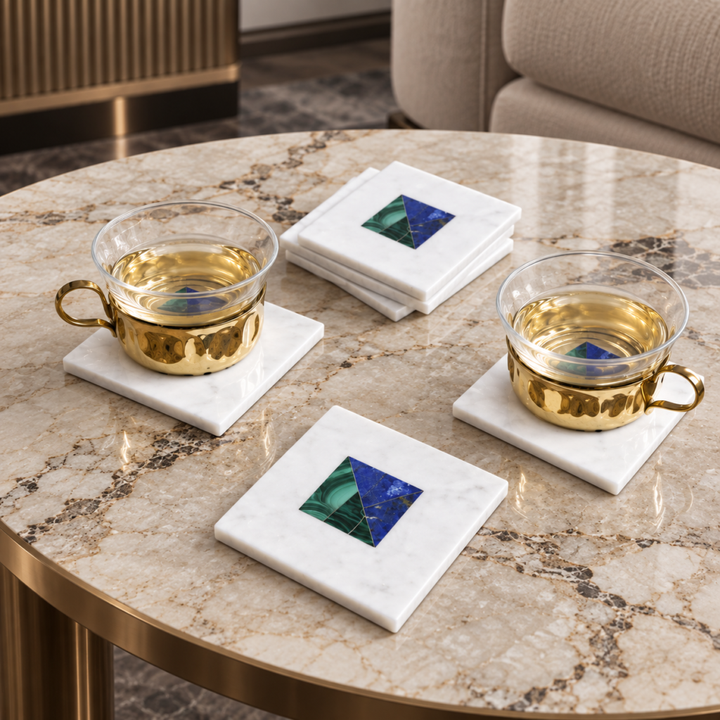 Coasters White Marble Inlay with Malachite and Lapiz