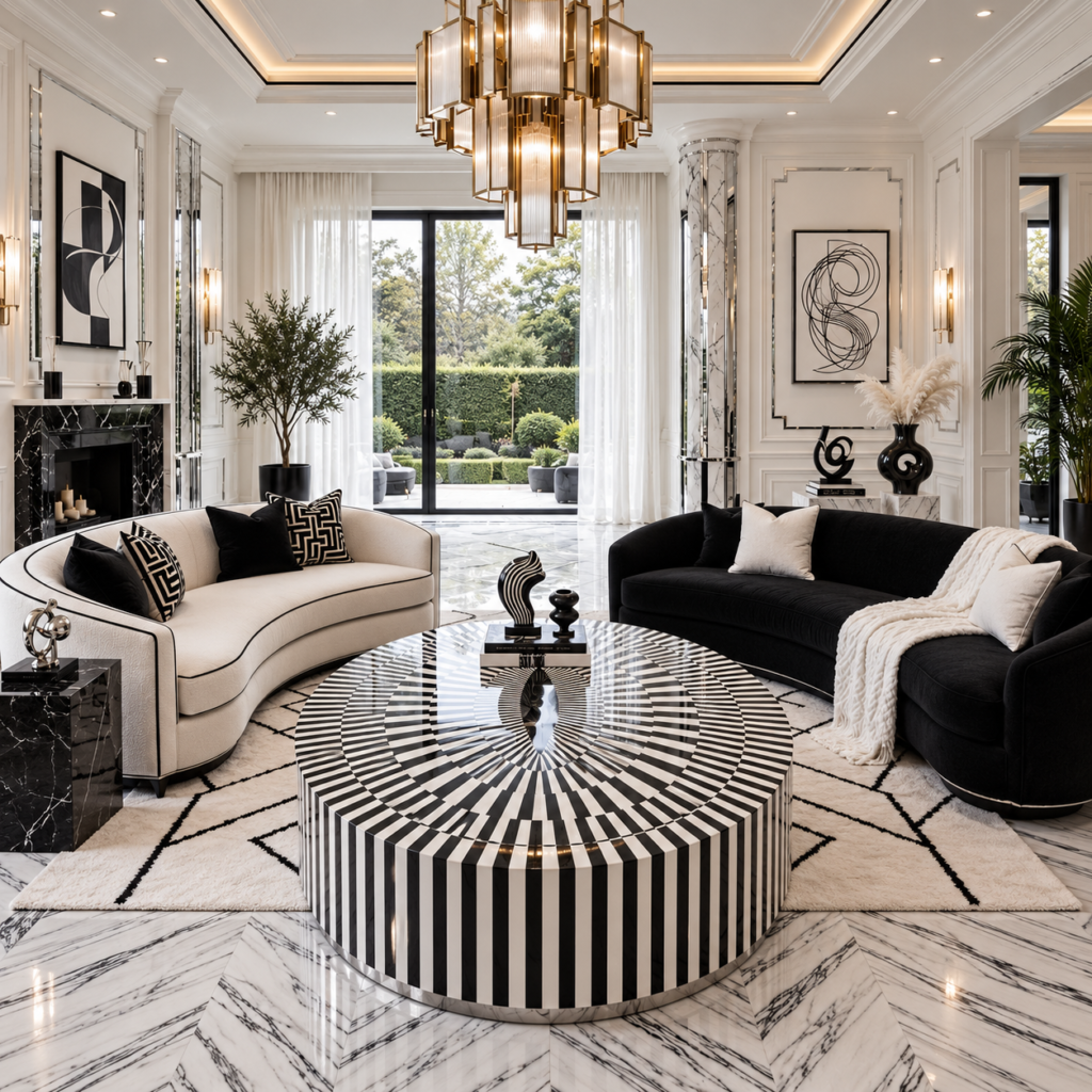 Oval Shaped Black and White Resin Center Table