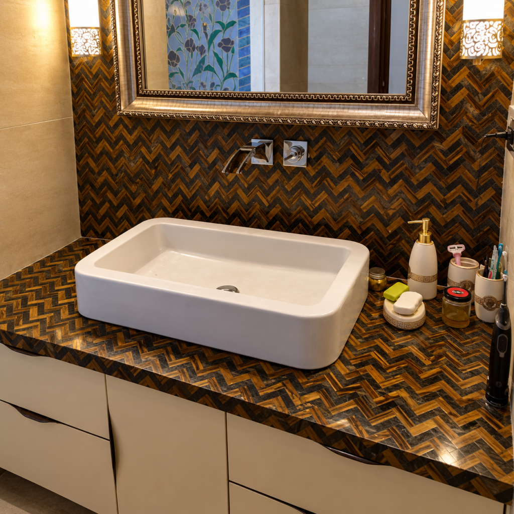 Golden and Blue Tigers Eye Herringbone Bathroom Design