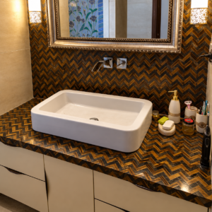 Golden and Blue Tigers Eye Herringbone Bathroom Design