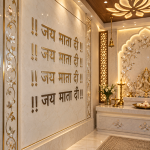 The Shakti - Jai Mata Di mantra inlaid in golden Mother of Pearl on marble entrance wall with Parijat floral mandir backdrop - stone plus india