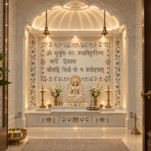 The Gayatri Sampoorna - Swiss white marble mandir with Gayatri Mantra inlay in Mother of Pearl and floral border - stone plus