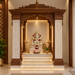 The Stambh - hand-carved white marble pillar panels with floral motif for home mandir with Lord Ganesha - stone plus india