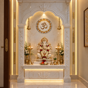 Luxury white marble home mandir interior with sacred OM semiprecious stone inlay wall medallion above Lord Ganesha idol