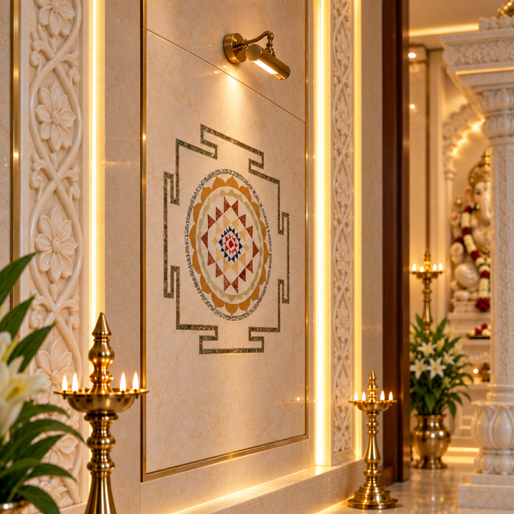 Luxury carved marble home mandir side wall with illuminated Shree Yantra Laxmi Yantra marble inlay panel and brass diyas