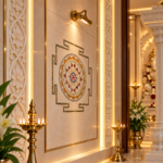 Luxury carved marble home mandir side wall with illuminated Shree Yantra Laxmi Yantra marble inlay panel and brass diyas