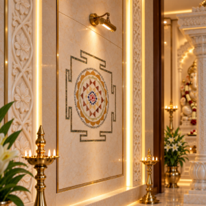 Luxury carved marble home mandir side wall with illuminated Shree Yantra Laxmi Yantra marble inlay panel and brass diyas