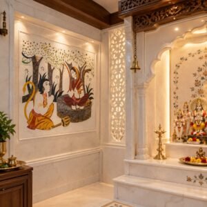 The Ashoka - Sita Hanuman mudrika scene in pietra dura marble inlay mural on Swiss white marble mandir side wall - OPH