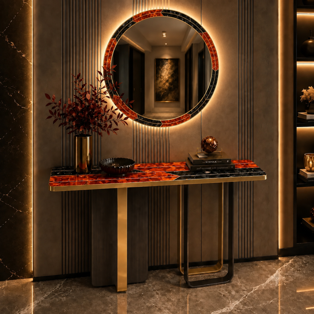stone plus india red agate console with brass inlay and matching round mirror