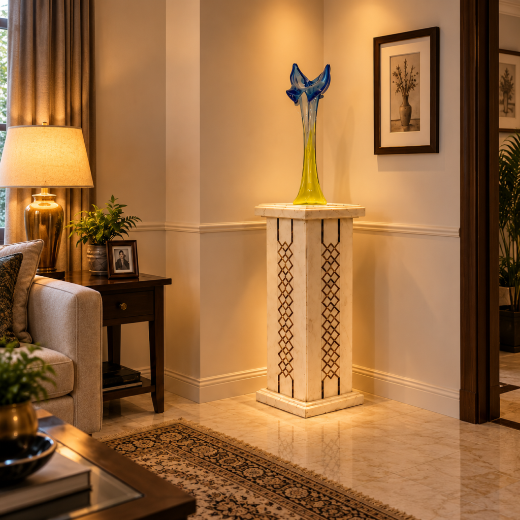The Trellis 40 inch white marble pedestal with brass lattice inlay