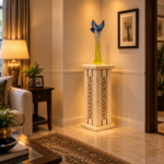 The Trellis 40 inch white marble pedestal with brass lattice inlay