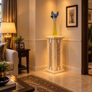 The Trellis 40 inch white marble pedestal with brass lattice inlay