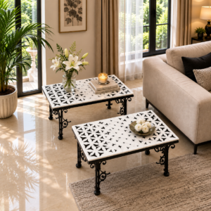 Black and White Marble Inlay Side Tabletop set of 2