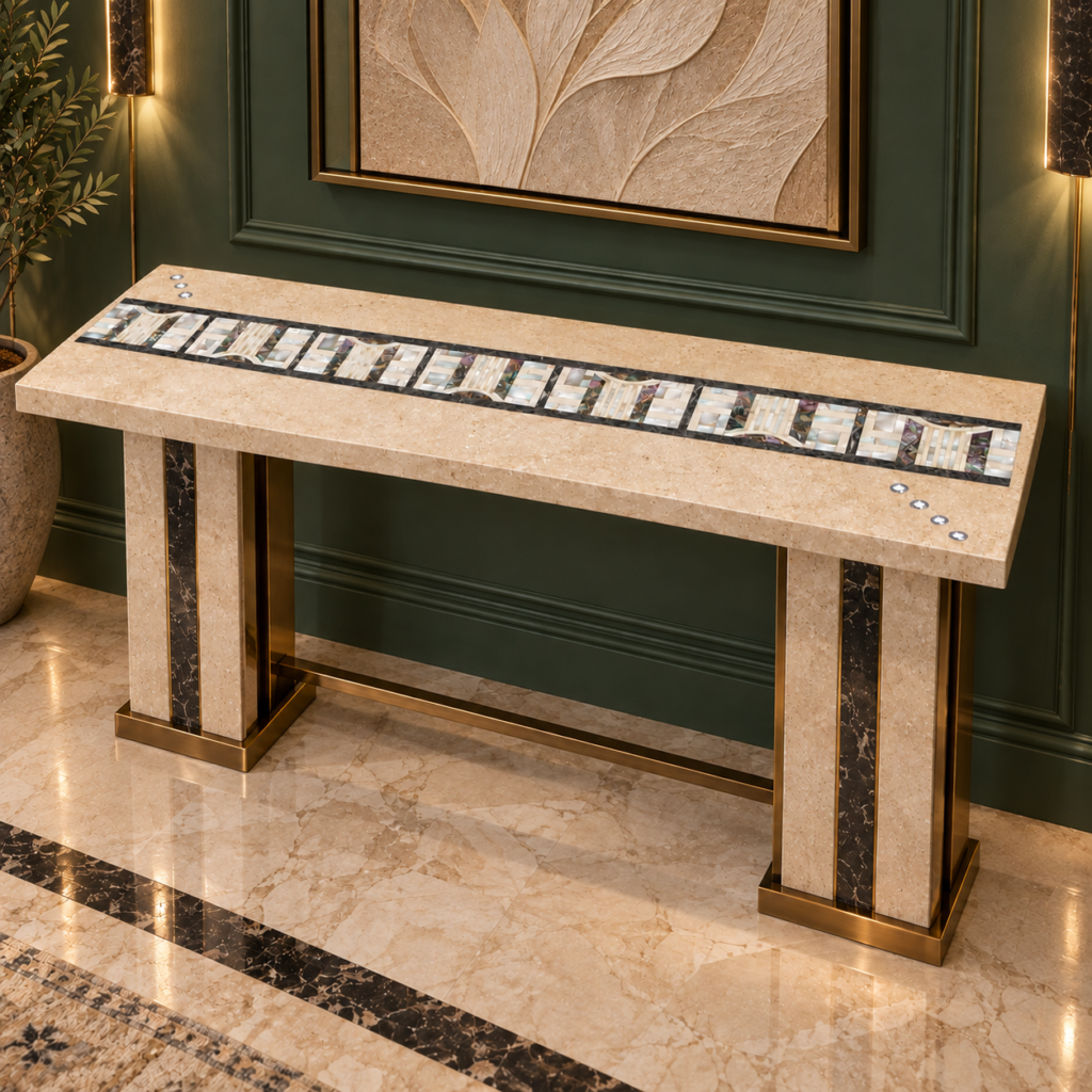 stone plus india white marble console with mother of pearl and swarovski inlay on brass base
