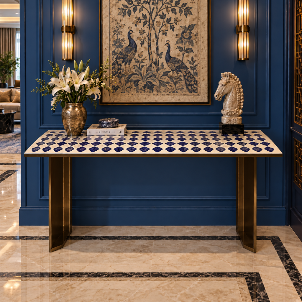 stone plus india white marble console with lapis lazuli ikaat inlay on brass legs