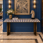 stone plus india white marble console with lapis lazuli ikaat inlay on brass legs