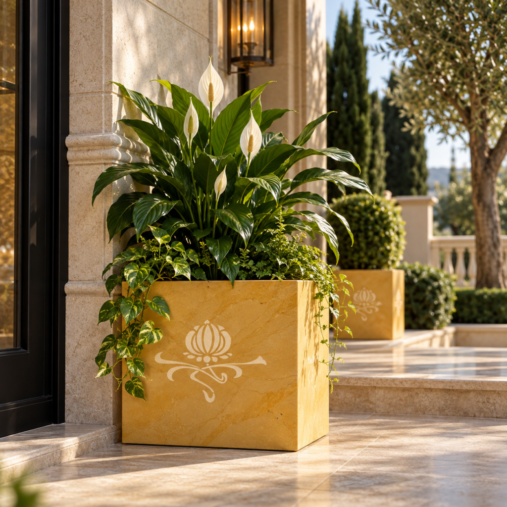The Jaisal - Yellow Jaisalmer marble cube planter hand-etched lotus motif - OPH