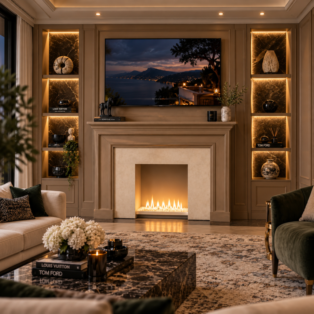 Fireplace Façade in White Marble and Wood