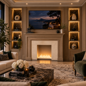 Fireplace Façade in White Marble and Wood
