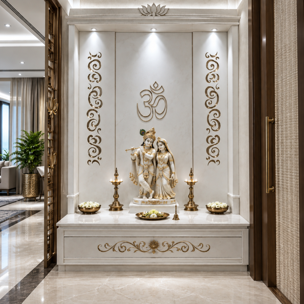 The Prana - minimal Om inlaid in mother of pearl with scroll border on Swiss white marble mandir for Radha Krishna - OPH