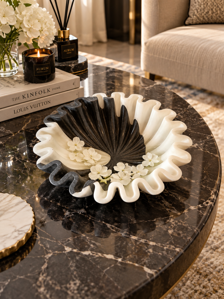 Bowl White and Black Ruffle Marble