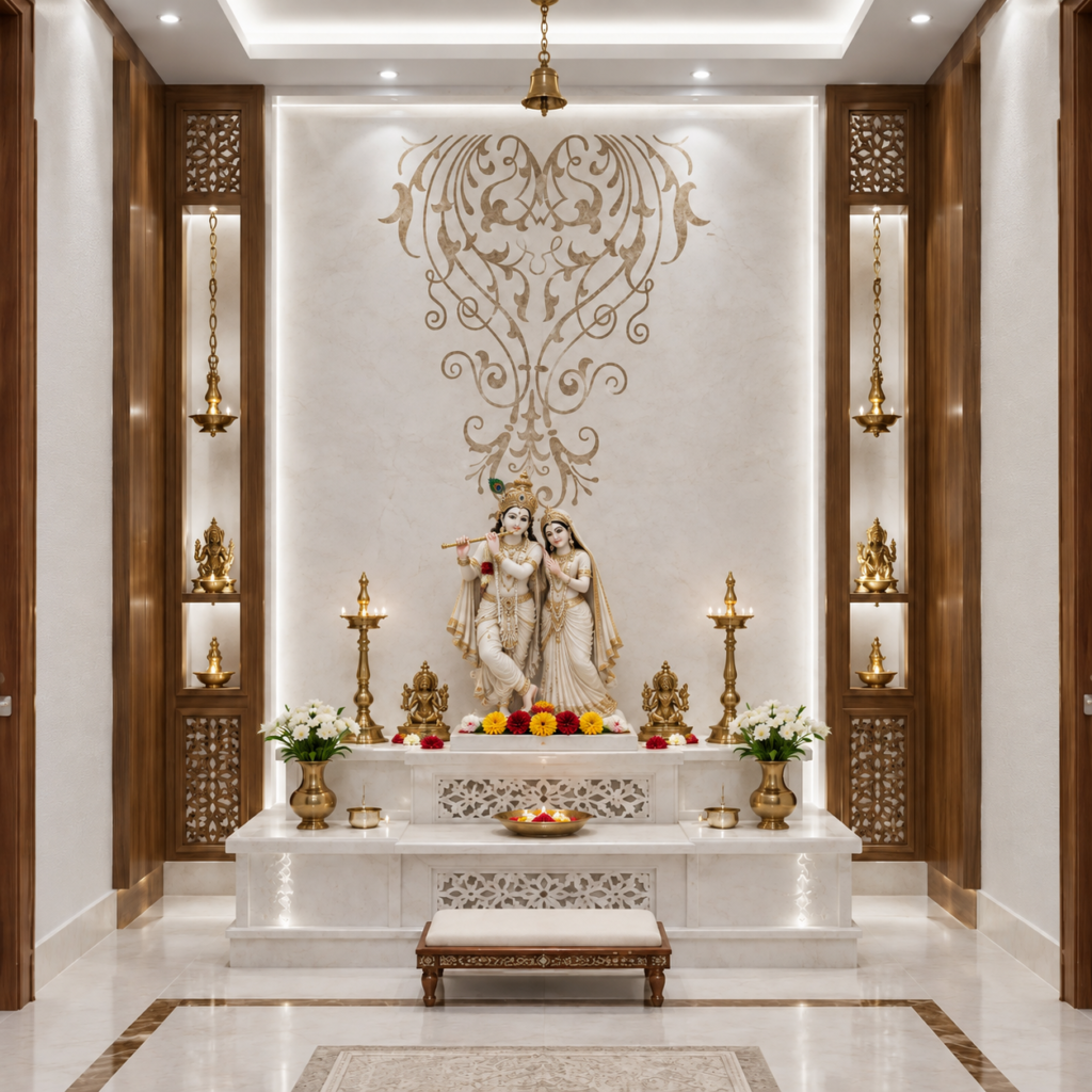 Bespoke luxury home mandir background wall with luminescent mother of pearl garland inlay on white marble by Stone Plus India