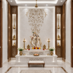 Bespoke luxury home mandir background wall with luminescent mother of pearl garland inlay on white marble by Stone Plus India
