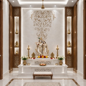Bespoke luxury home mandir background wall with luminescent mother of pearl garland inlay on white marble by Stone Plus India