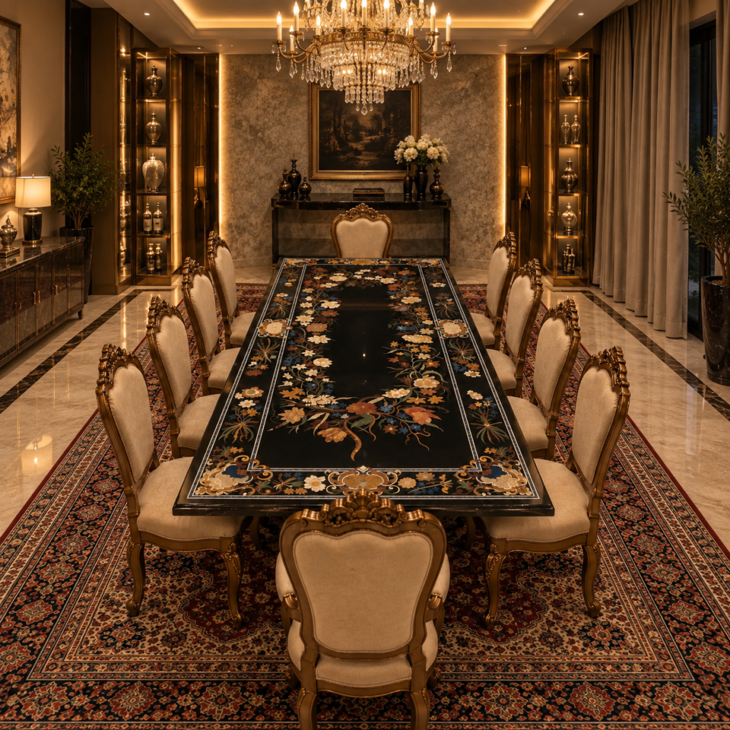 stone plus india intricate black marble inlay dining tabletop floral
