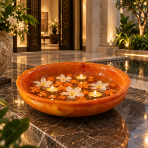 The Ambar - Saffron resin floating urli bowl with water flowers and diyas - OPH Opulent Homes
