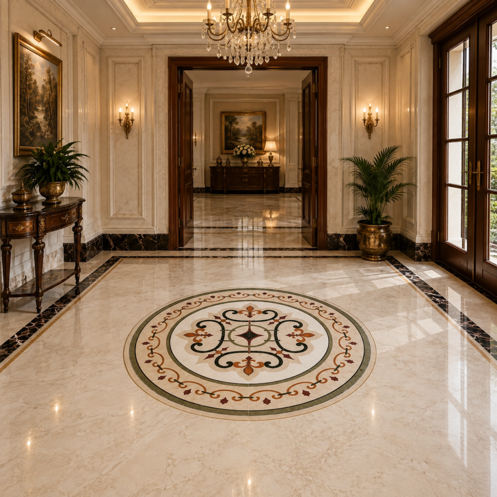 stone plus india marble inlay floor medallion red scallops