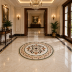 stone plus india marble inlay floor medallion red scallops