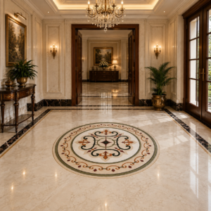 stone plus india marble inlay floor medallion red scallops